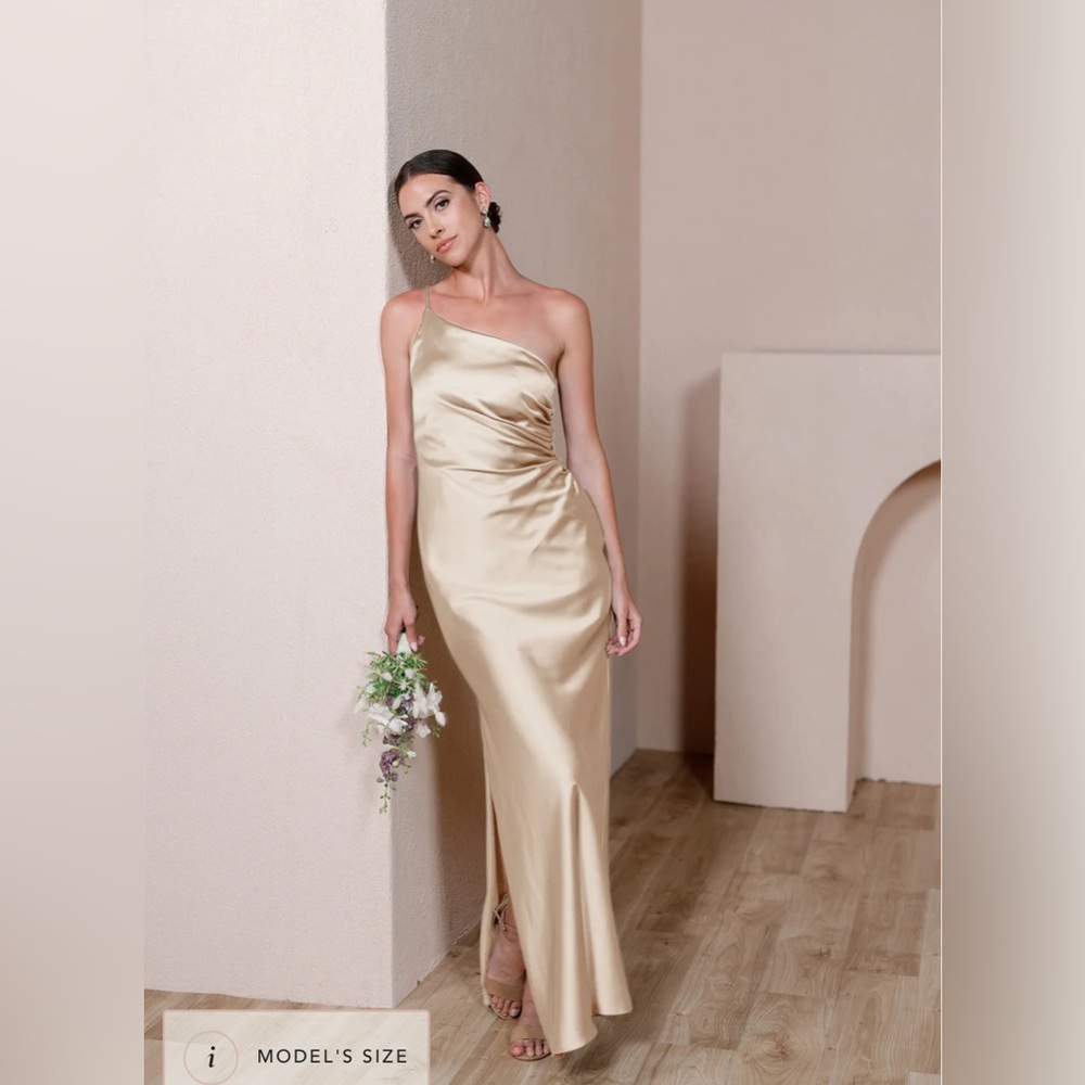 Revelry Jade Satin Dress in gold champagne